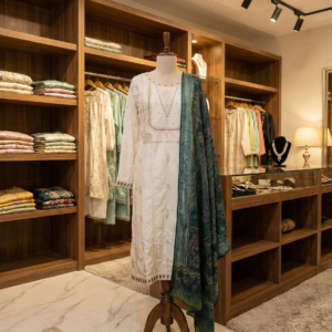 Khaadi Embroidered 3-Piece Suite – Ivory & Emerald Teal Festive Collection