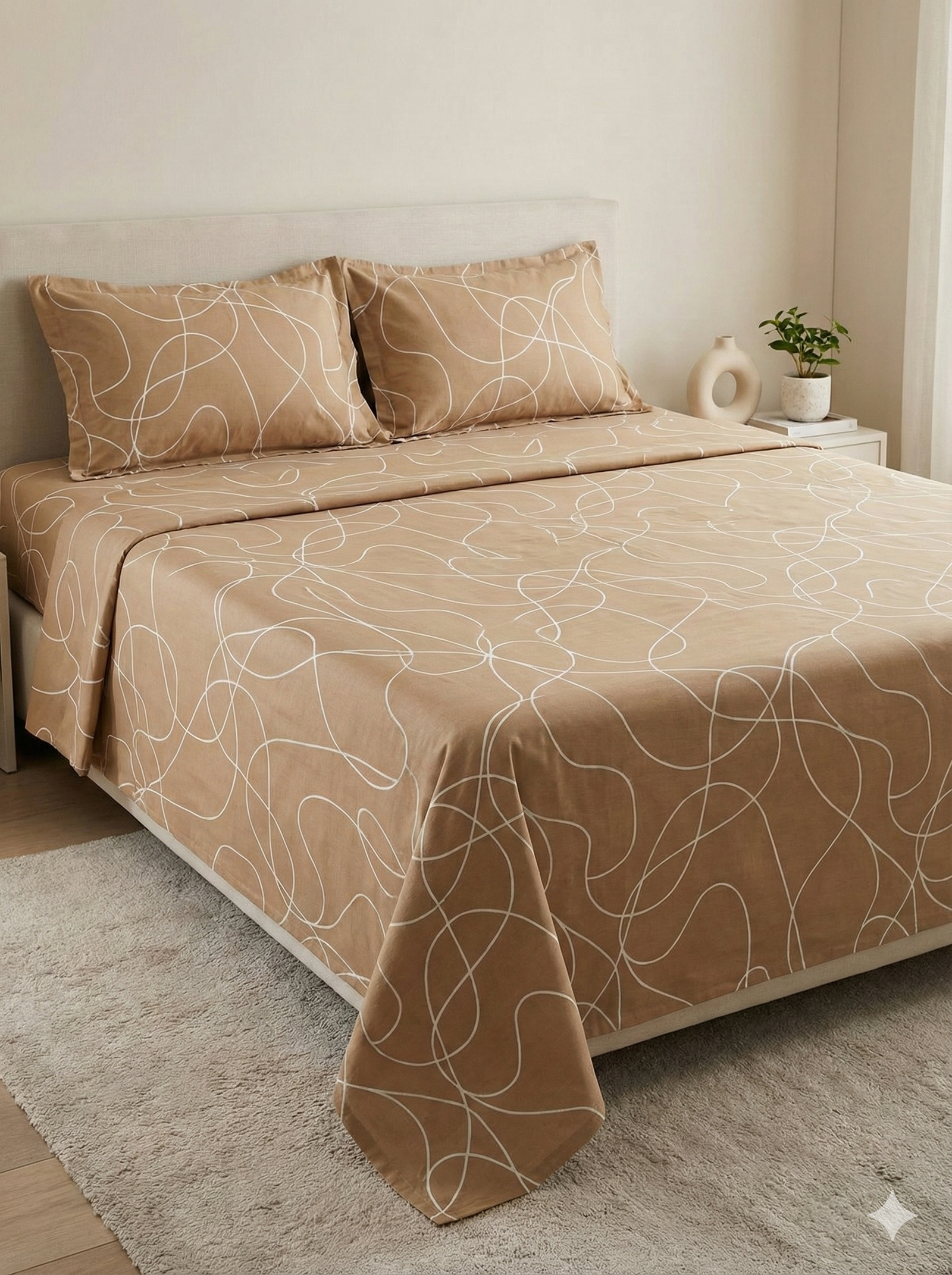 Ideas Home – Tan & White "Abstract Swirl" King Size 3-Piece Bedsheet Set