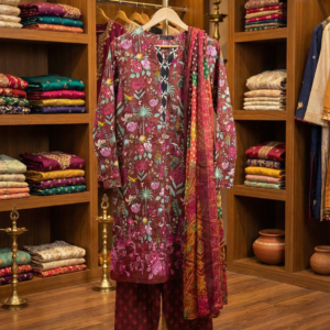 J. Junaid Jamshed - Maroon Floral Digital Print 3-Piece Lawn Suit