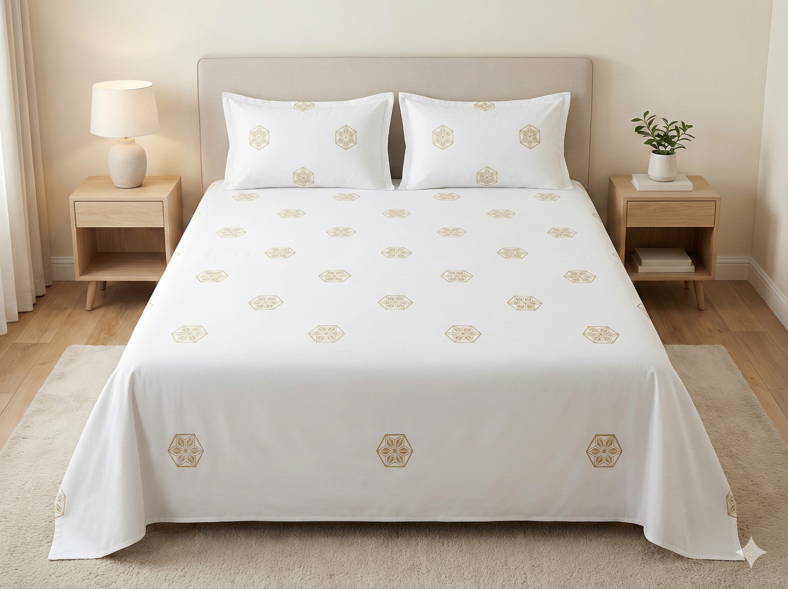 Ideas Home – Ivory White & Gold Geometric King Size 3-Piece Bedsheet Set