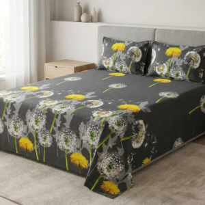 Ideas Home – Charcoal Grey & Yellow "Dandelion Bloom" King Size 3-Piece Bedsheet Set