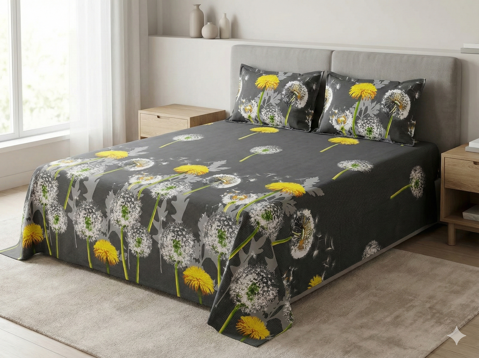 Ideas Home – Charcoal Grey & Yellow "Dandelion Bloom" King Size 3-Piece Bedsheet Set