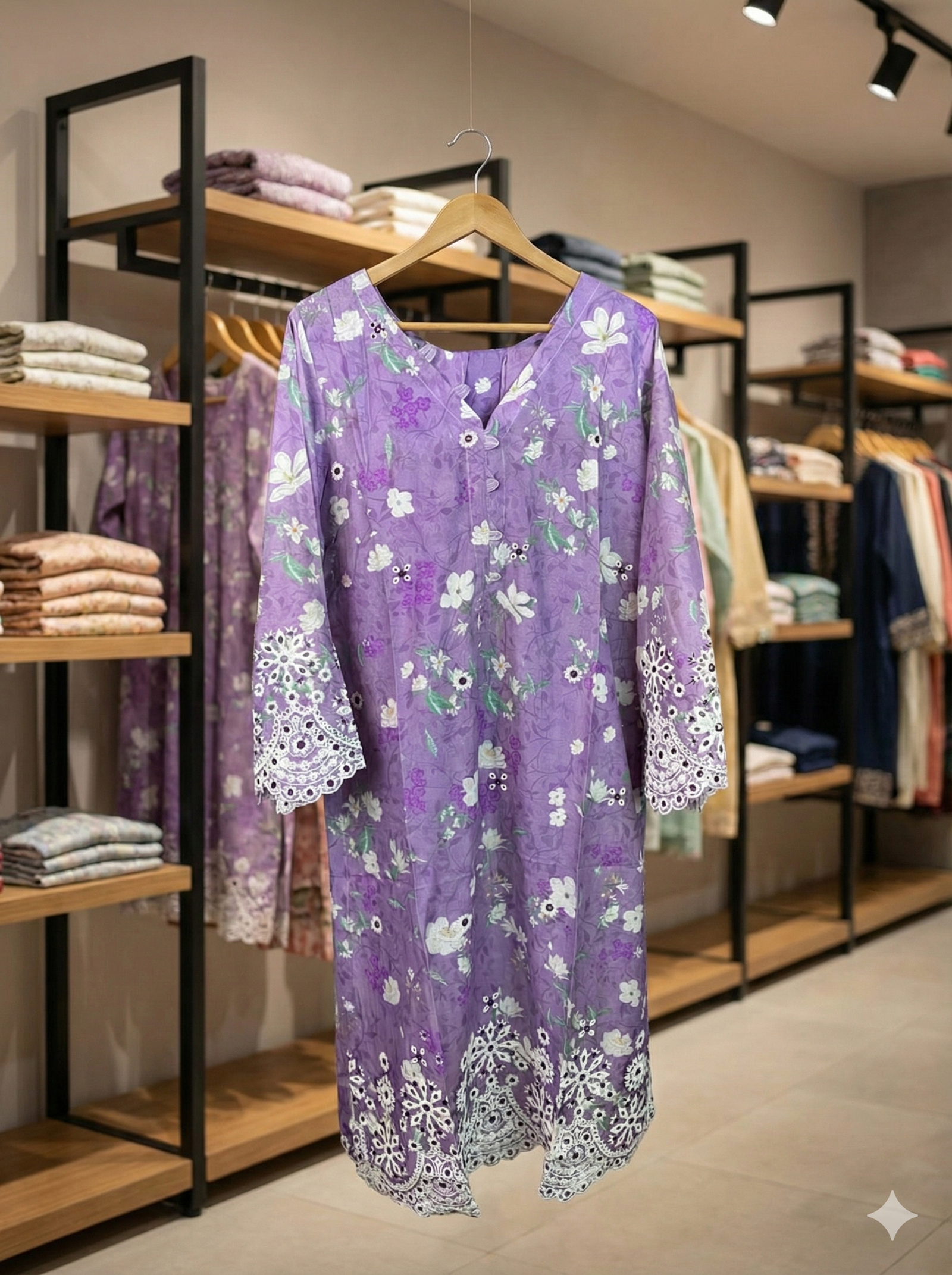 Lavender Bloom – Floral Cutwork 1-Piece Kurti