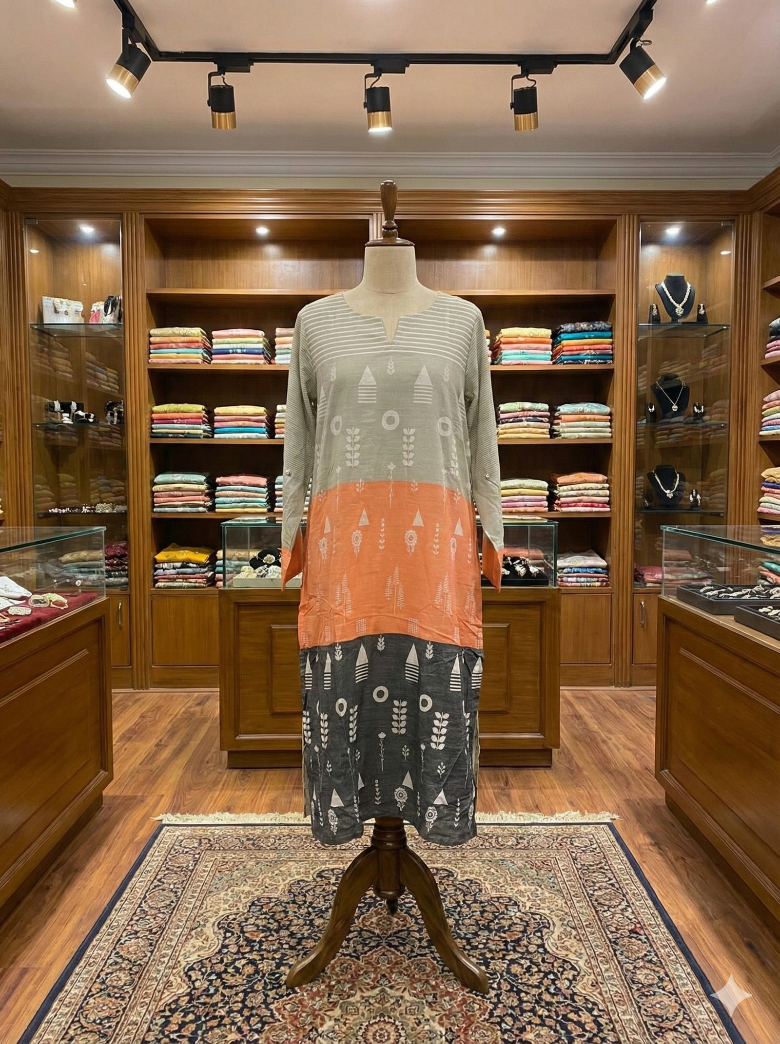 Tri-Tone Geometric – Color-Block Printed Kurti