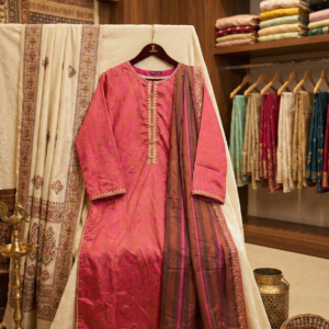 J. Junaid Jamshed – Rose Pink & Gold Jacquard 3-Piece Festive Suit