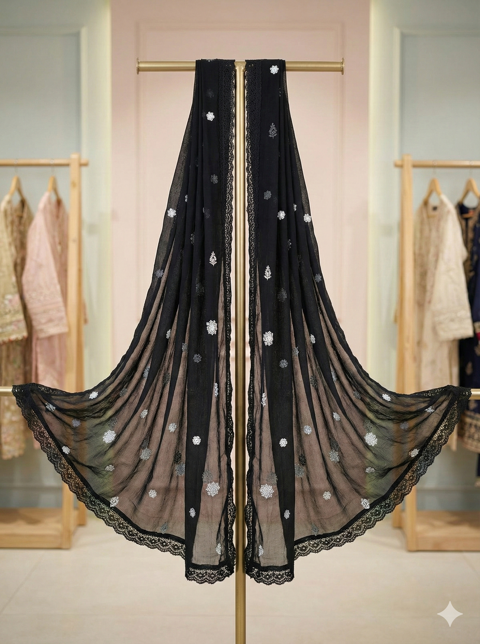 Noir Scalloped Lace Embroidered Dupatta