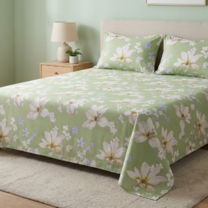 Ideas Home – Sage Green & Lily White Floral King Size 3-Piece Bedsheet Set