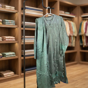 J. Junaid Jamshed – Sage Green Angrakha-Style 3-Piece Embroidered Suit