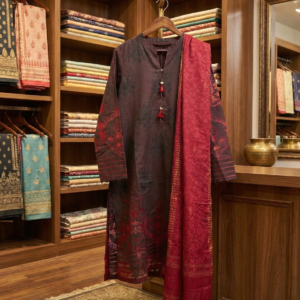 J. Junaid Jamshed – Chocolate Brown & Crimson 3-Piece Digital Print Lawn Suit
