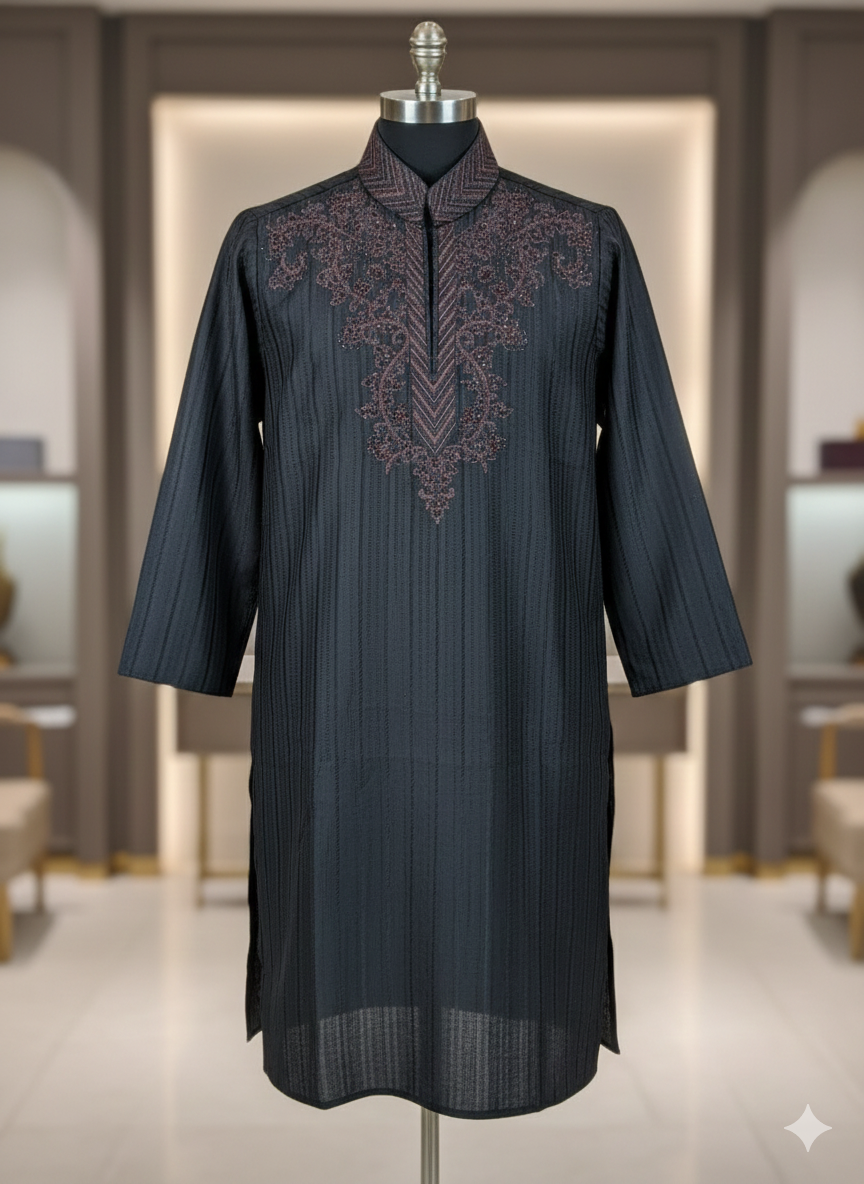 Midnight Stripe – Embroidered Yoke Kurta