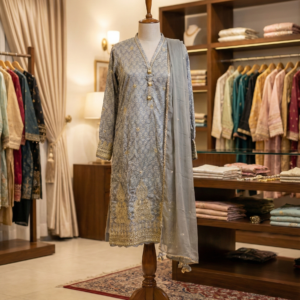 J. Junaid Jamshed – Steel Grey Embroidered 3-Piece Festive Suit