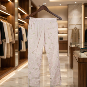 Pastel Pink Embroidered Cigarette Pants with Lace Hem