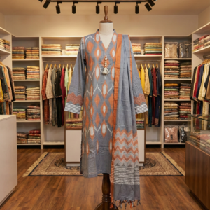 J. Junaid Jamshed – Steel Grey & Rust Ikat Print 3-Piece Lawn Suit