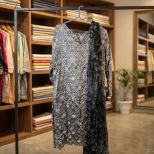 J. Junaid Jamshed – Silver & Charcoal Jacquard 3-Piece Formal Suit