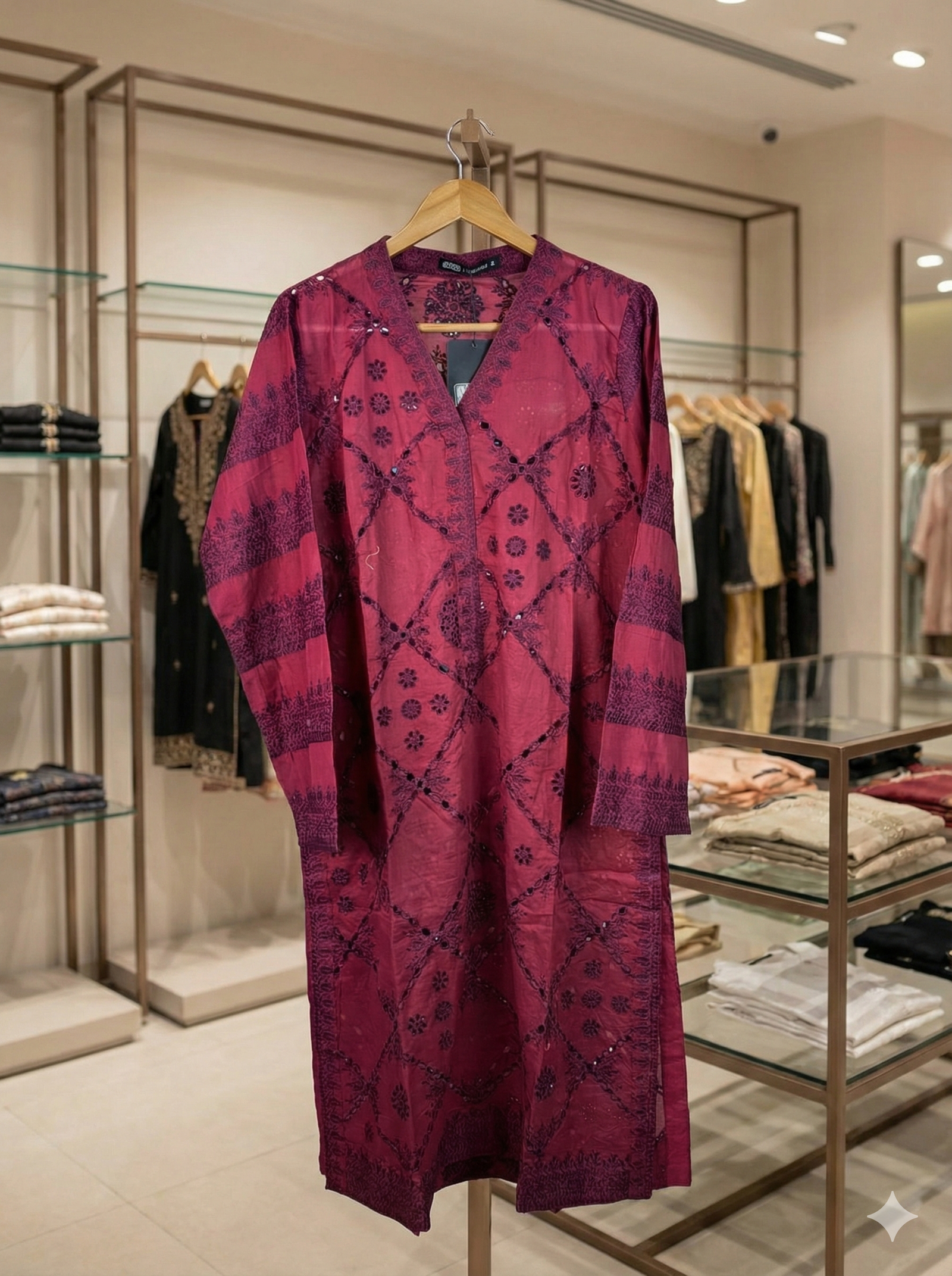 Crimson Reflection – Mirror-Work Embroidered Kurti