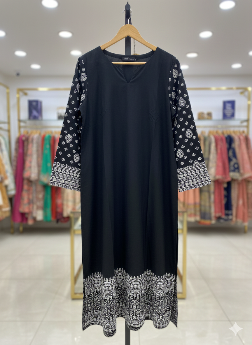 Midnight Contrast – Noir Patterned Sleeve Kurti