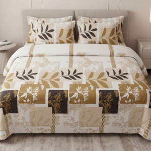 Ideas Home – Ochre & Chocolate Leaf Motif King Size 3-Piece Bedsheet Set