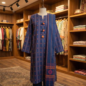 J. Junaid Jamshed – Navy Blue Striped 3-Piece Lawn Suit with Orange Tassel Detail