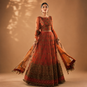 Alkaram Studio – Rust Orange Embroidered Lehnga Choli