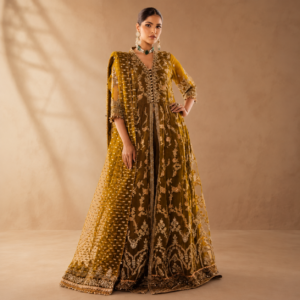 Alkaram Studio – Olive Gold Embroidered Front-Open Maxi