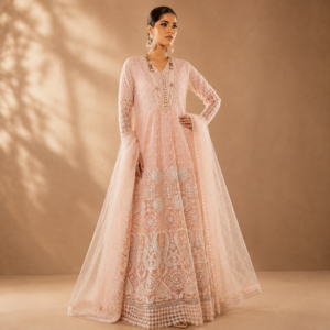 Alkaram Studio – Blush Pink Embroidered Net Anarkali