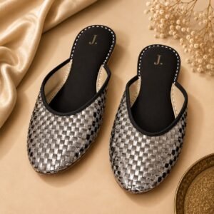 Metallic Silver Braided Leather Mule Khussa