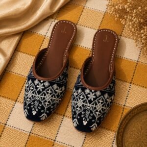Navy Blue Velvet Resham Embroidered Mule Khussa